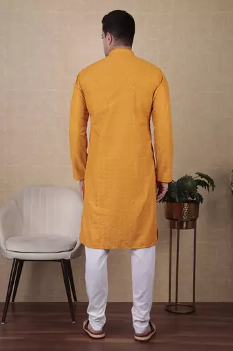 Yellow beautiful sequins embroidery work bollywood style festive kurta payjama set
