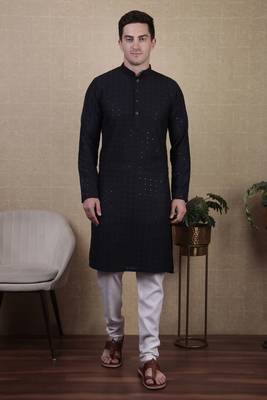 Navy blue beautiful sequins embroidery work bollywood style festive kurta payjama set 1