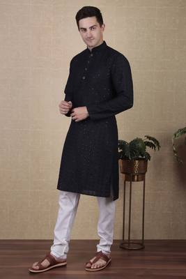Navy blue beautiful sequins embroidery work bollywood style festive kurta payjama set 3