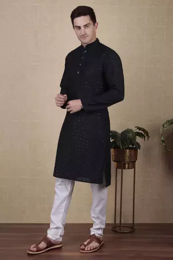 Navy blue beautiful sequins embroidery work bollywood style festive kurta payjama set