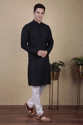Navy blue beautiful sequins embroidery work bollywood style festive kurta payjama set 4