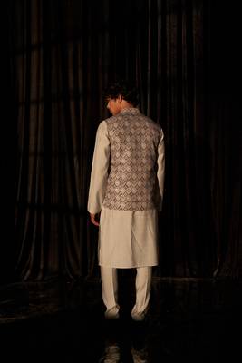 Grey festive and ceremonial wear men's ethnic printed jacket 2