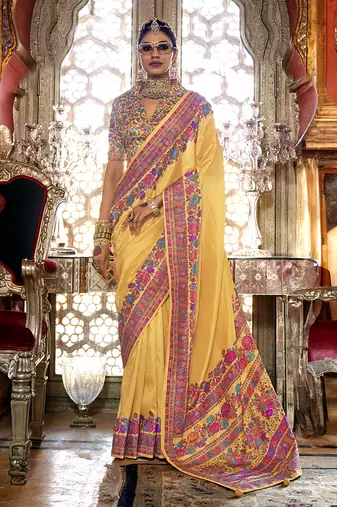 Silk yellow printed traditional festival saree with blouse