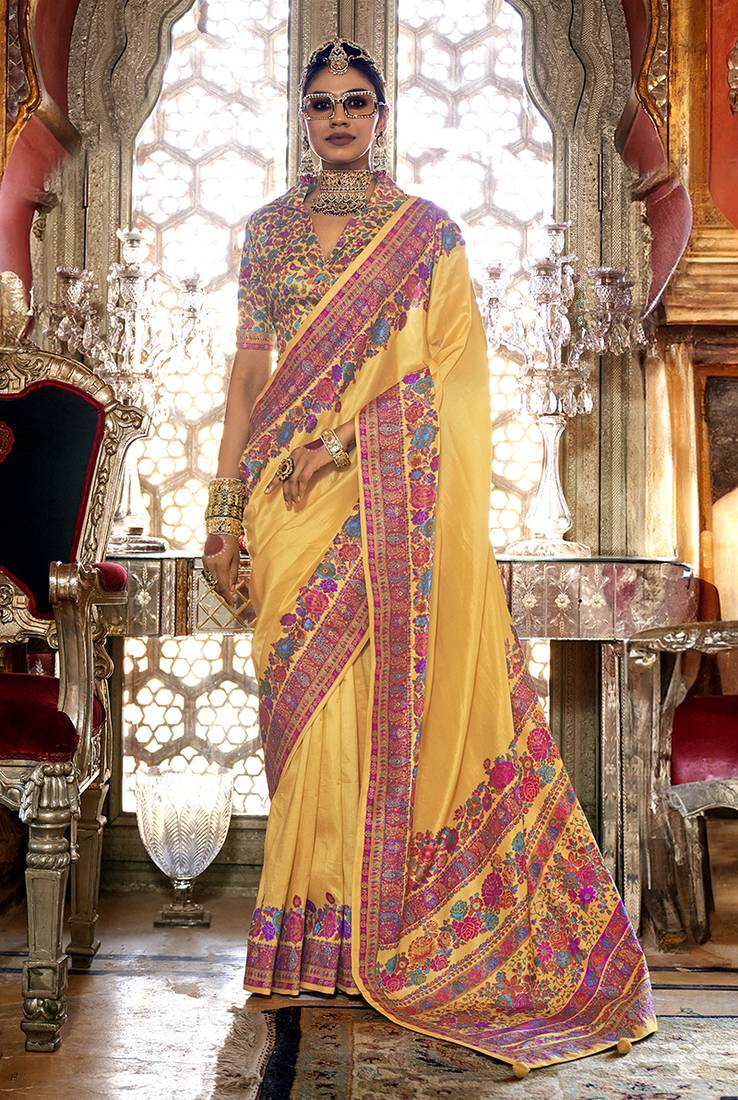Silk yellow printed traditional festival saree with blouse
