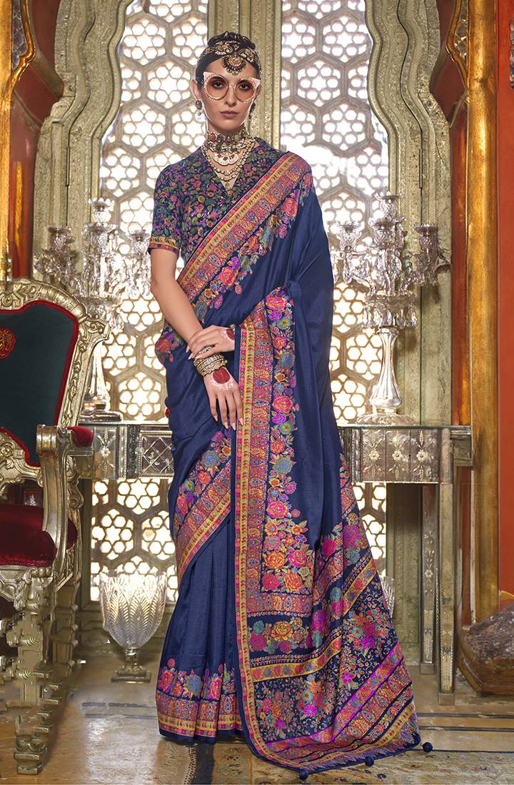 Silk navy blue printed traditional festival saree with blouse