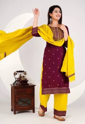 Maroon embroidered rayon aline kurta with palazzo set 1
