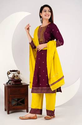 Maroon embroidered rayon aline kurta with palazzo set 3