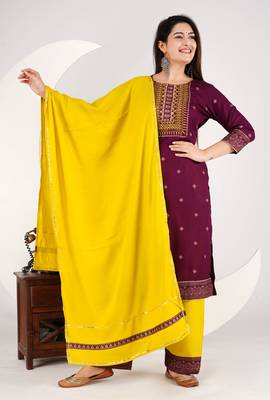 Maroon embroidered rayon aline kurta with palazzo set 4