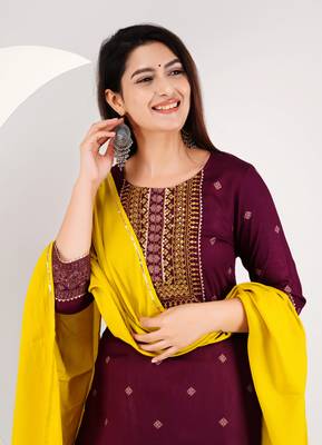 Maroon embroidered rayon aline kurta with palazzo set 5