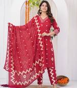 Red women printed aline kurta pant with dupatta set