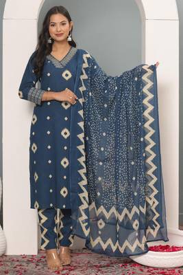 Teal blue women printed aline kurta pant with dupatta set 1