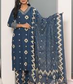Teal blue women printed aline kurta pant with dupatta set