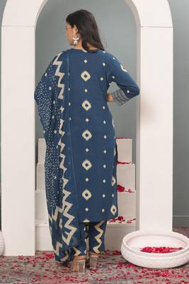 Teal blue women printed aline kurta pant with dupatta set 2