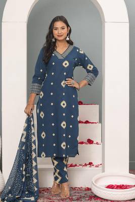 Teal blue women printed aline kurta pant with dupatta set 3