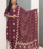 Wine women printed aline kurta pant with dupatta set