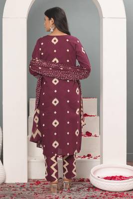 Wine women printed aline kurta pant with dupatta set 2
