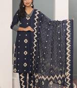 Navy blue women printed aline kurta pant with dupatta set