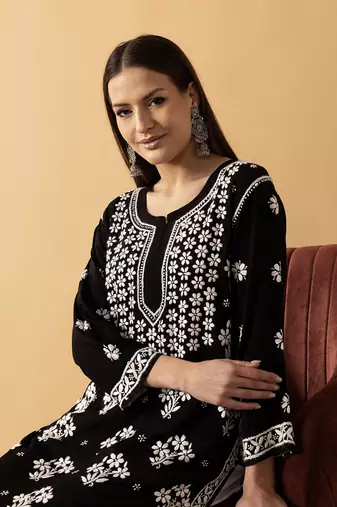 Hand Embroidered Black Modal Lucknowi Chikankari Indian Women Straight Kurta