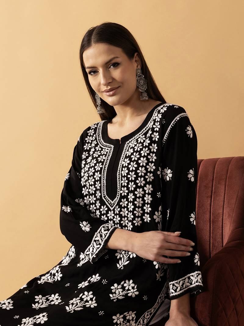 Hand Embroidered Black Modal Lucknowi Chikankari Indian Women Straight Kurta