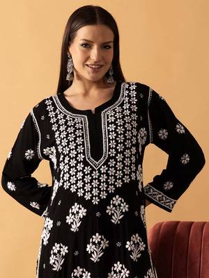 Hand Embroidered Black Modal Lucknowi Chikankari Indian Women Straight Kurta 7