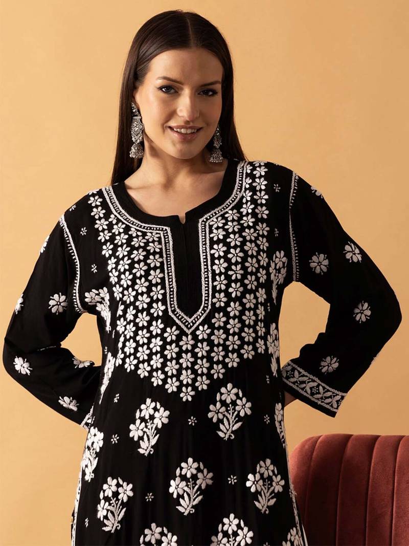 Hand Embroidered Black Modal Lucknowi Chikankari Indian Women Straight Kurta