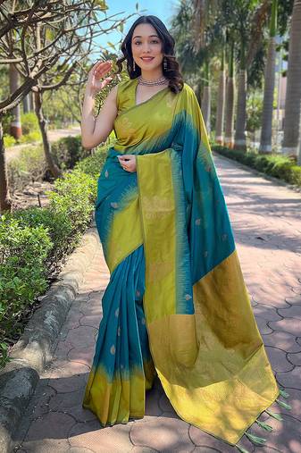 Sea blue & lime zari woven saree