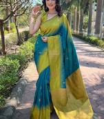 Sea blue & lime zari woven saree