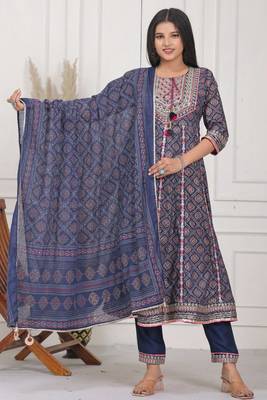 Navy blue women embroidered gold printed anarkali kurta pant with dupatta set 1