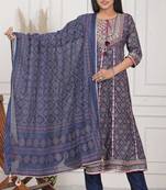 Navy blue women embroidered gold printed anarkali kurta pant with dupatta set