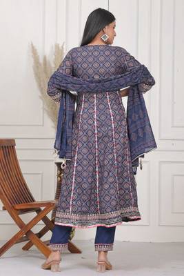 Navy blue women embroidered gold printed anarkali kurta pant with dupatta set 2