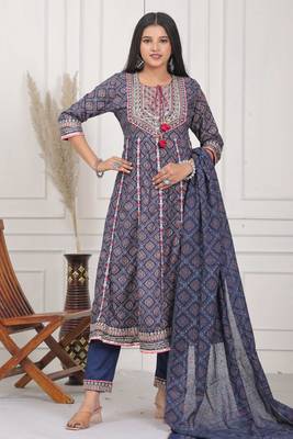 Navy blue women embroidered gold printed anarkali kurta pant with dupatta set 3