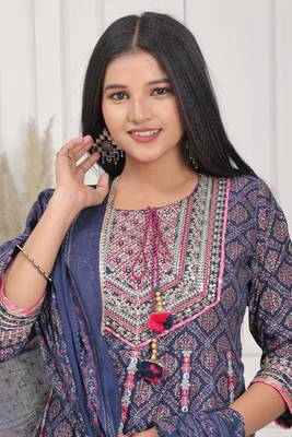Navy blue women embroidered gold printed anarkali kurta pant with dupatta set 5