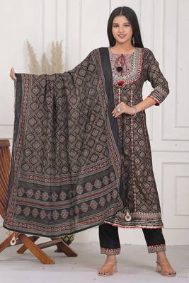 Black women embroidered gold printed anarkali kurta pant with dupatta set 1