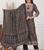 Black women embroidered gold printed anarkali kurta pant with dupatta set