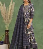 Navy blue women embroidered floral printed anarkali kurta pant with dupatta set