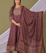 Maroon women embroidered gold printed anarkali kurta pant with dupatta set