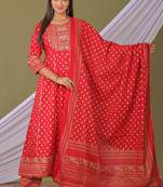 Red women embroidered gold printed anarkali kurta pant with dupatta set
