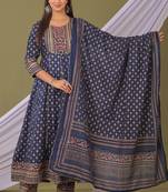 Navy blue women embroidered gold printed anarkali kurta pant with dupatta set