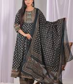 Dark green women embroidered gold printed anarkali kurta pant with dupatta set