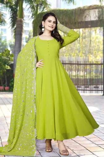 Parrot Colour Fox Georgette Fabric Gown With Dupatta And Pent