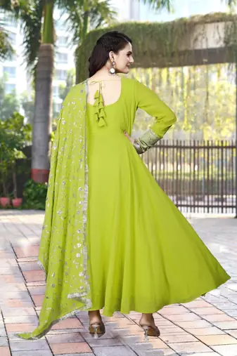 Parrot Colour Fox Georgette Fabric Gown With Dupatta And Pent