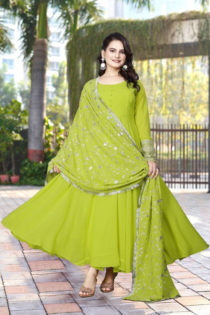 Parrot Colour Fox Georgette Fabric Gown With Dupatta And Pent