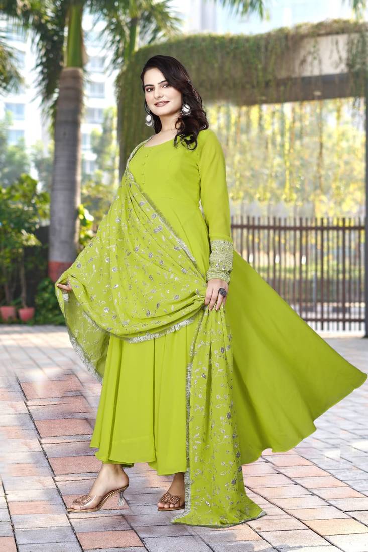 Parrot Colour Fox Georgette Fabric Gown With Dupatta And Pent