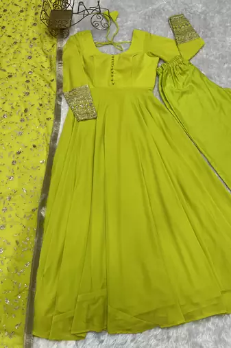 Parrot Colour Fox Georgette Fabric Gown With Dupatta And Pent