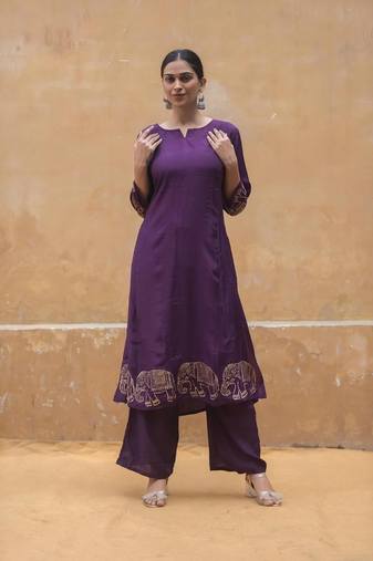 Womens Vichitra Silk Wine Color Festival Wear Readymade Kurta Pant Set