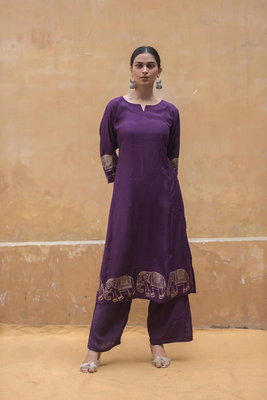 Womens Vichitra Silk Wine Color Festival Wear Readymade Kurta Pant Set 2