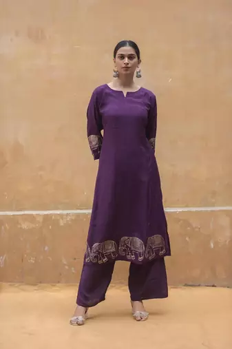 Womens Vichitra Silk Wine Color Festival Wear Readymade Kurta Pant Set