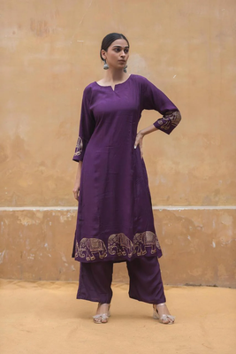 Womens Vichitra Silk Wine Color Festival Wear Readymade Kurta Pant Set 3