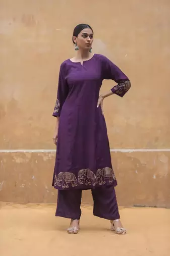 Womens Vichitra Silk Wine Color Festival Wear Readymade Kurta Pant Set