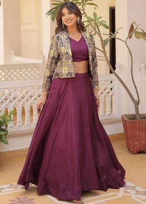 Womens Wine Color Anarkali Style Readymade Lehenga Choli With Jacket  1